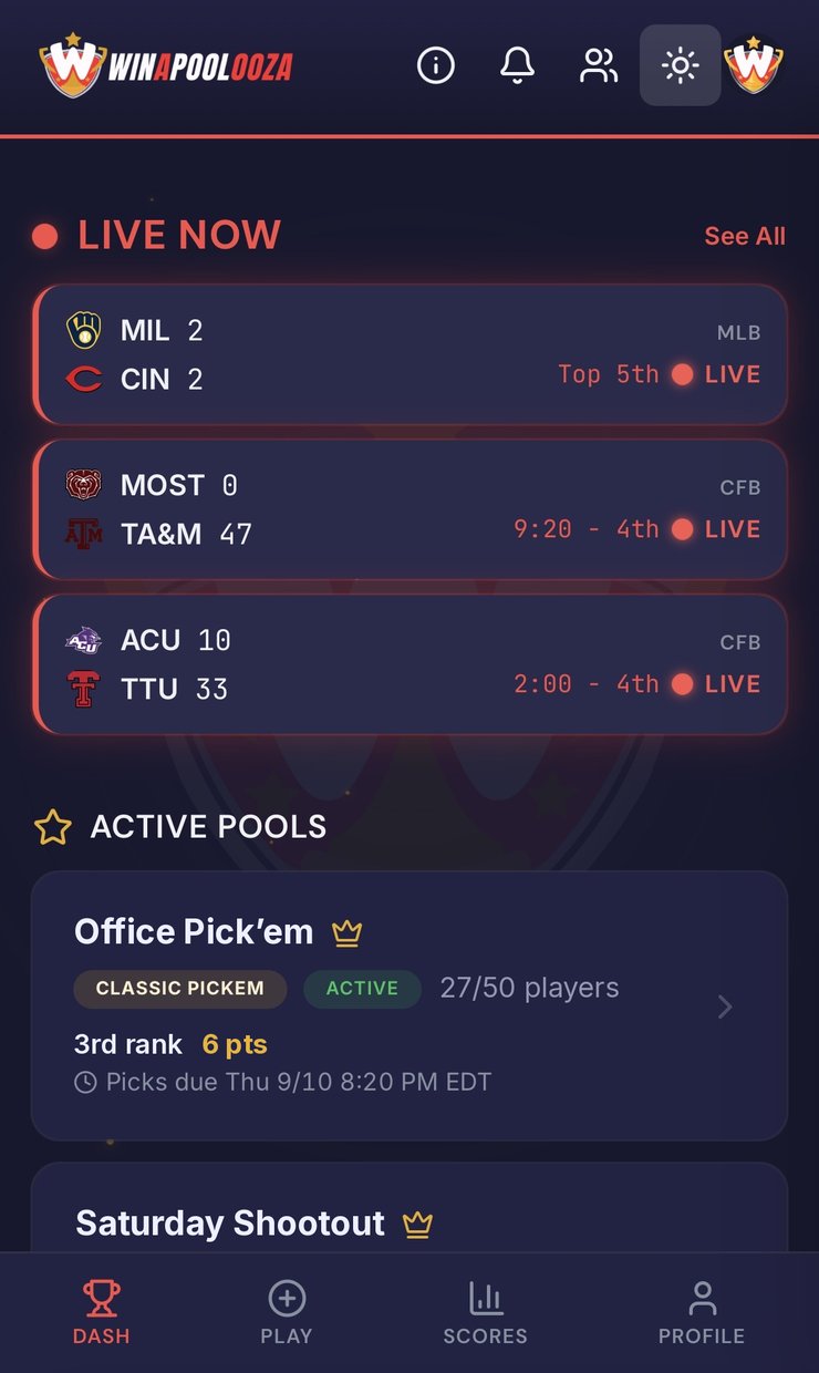 Winapoolooza dashboard showing live games and your active pools