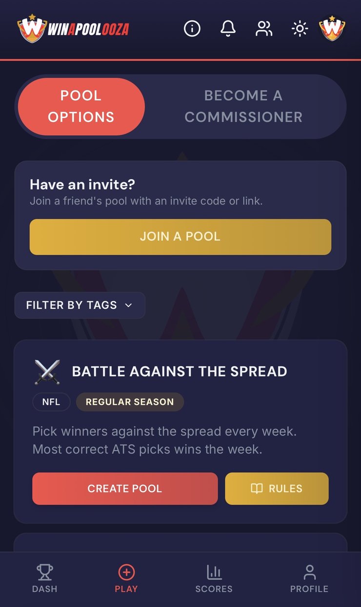 The pool picker — choose a format and create a pool